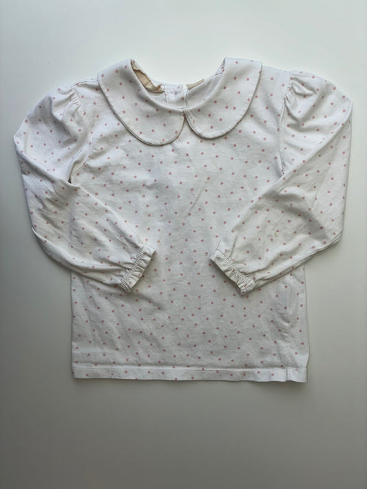 Dotty Dungarees Shirt - White Polka Dot + Peter Pan Collar | size 3T/4T