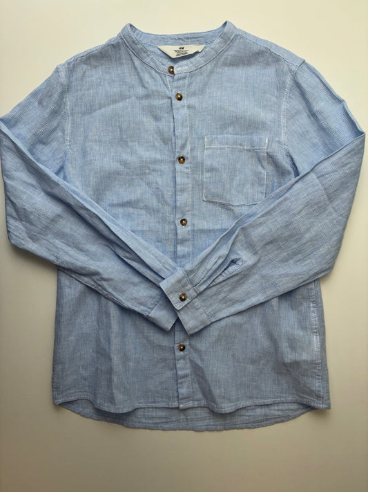 H&M Shirt - Blue Striped Band Collar Button Up | size 10