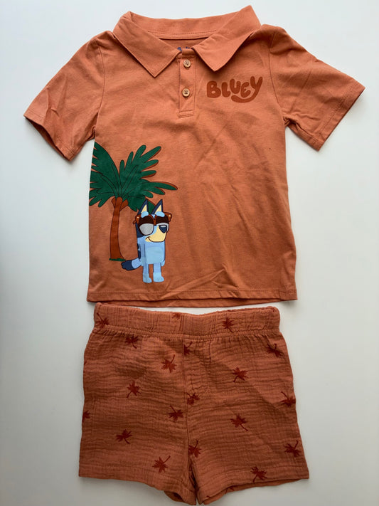 Bluey 2 Piece Ensemble - Orange Graphic Polo + 100% Cotton Shorts | size 4T