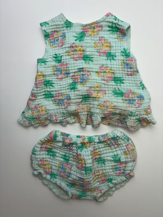 Angel Dear 2 Piece Ensemble - Green Muslin Floral Top + Bloomers | size 18 - 24 Months
