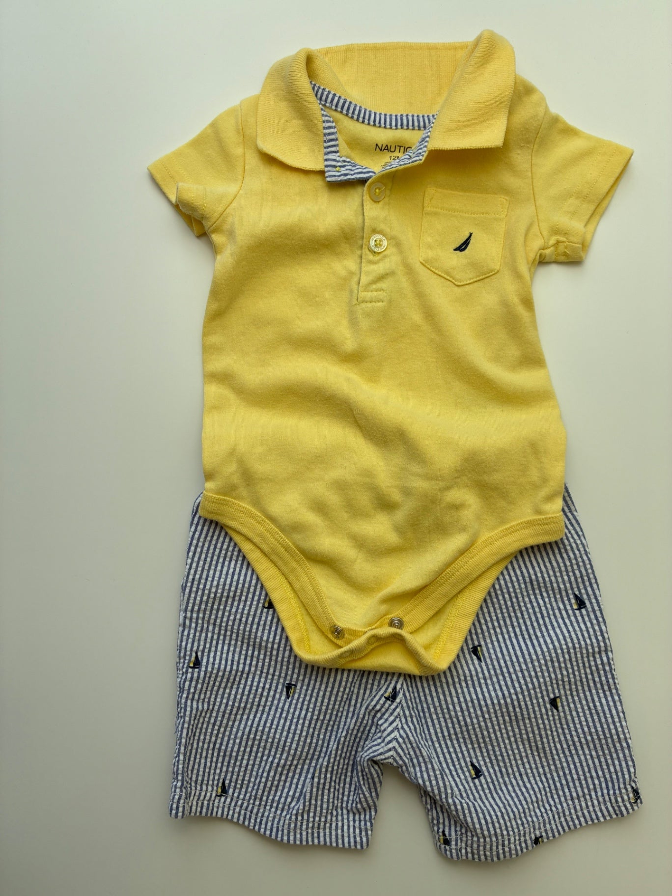 Nautica 2 Piece Ensemble - Yellow Bodysuit + Shorts Sailboat Print | size 12 months