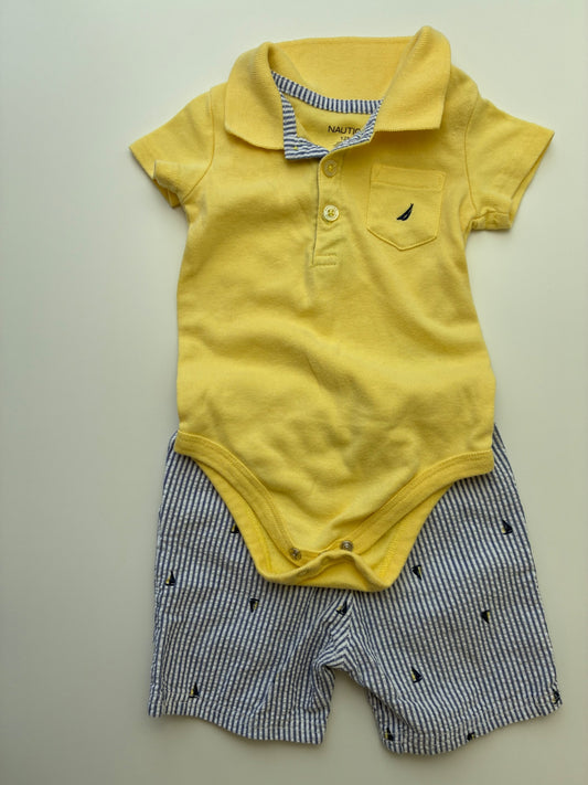 Nautica 2 Piece Ensemble - Yellow Bodysuit + Shorts Sailboat Print | size 12 months