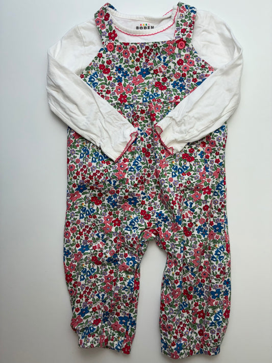 Baby Boden 2 Piece Ensemble - Multicolor Solid Long Sleeve + Floral Overalls | size 18 - 24 Months