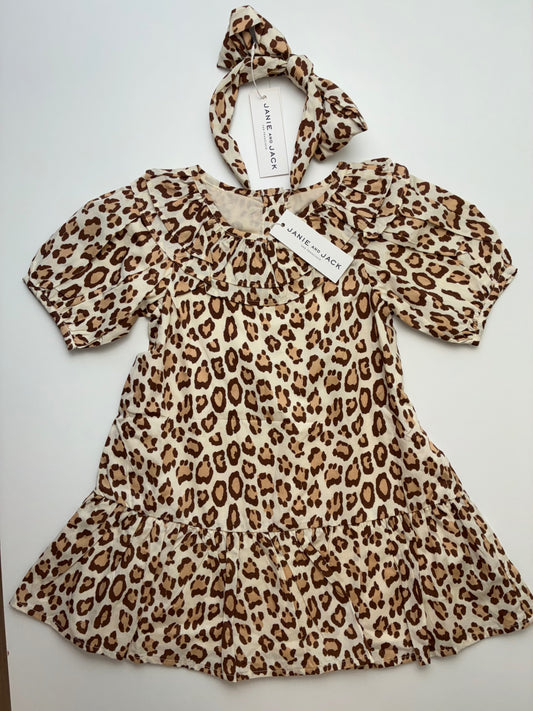 Janie and Jack Dress - Brown Animal Print w/ Headband | size 3T