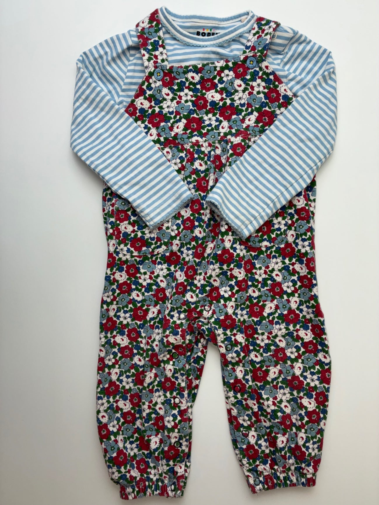 Baby Boden 2 Piece Ensemble - Multicolor Striped Long Sleeve + Floral Overalls | size 18 - 24 Months