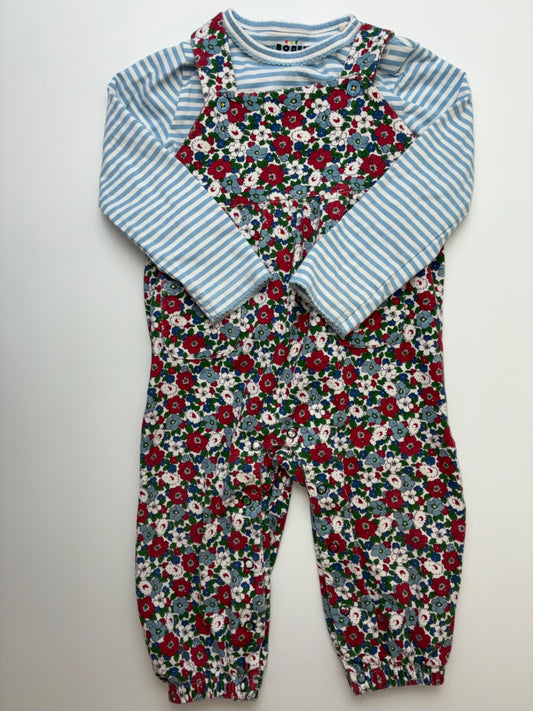 Baby Boden 2 Piece Ensemble - Multicolor Striped Long Sleeve + Floral Overalls | size 18 - 24 Months