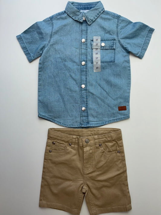 Koala Kids 2 Piece Ensemble - Blue Chambray Button Up + Khaki Shorts | size 3T