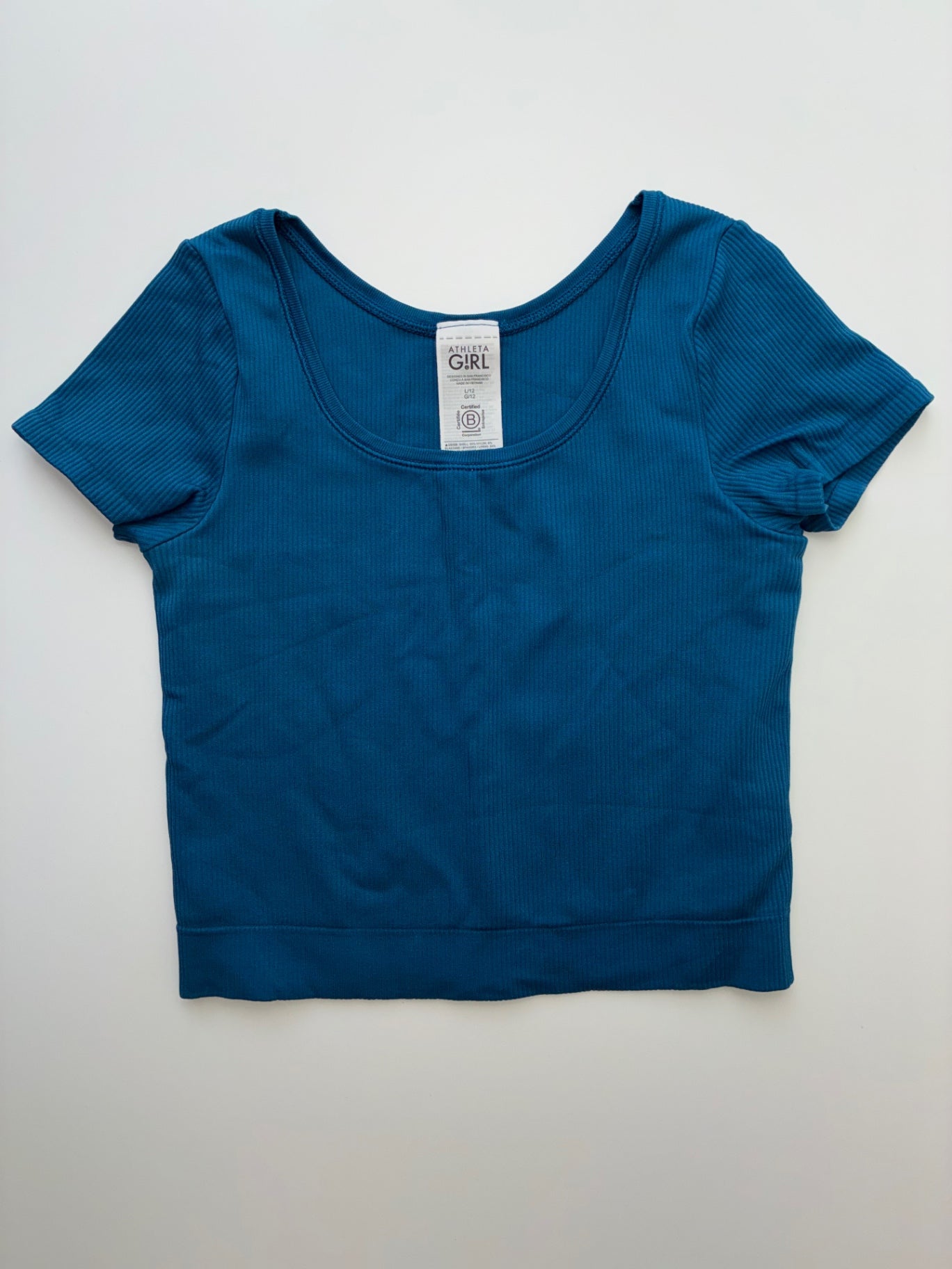 Athleta Shirt - Blue Ribbed Scoop Neck Crop | size 12