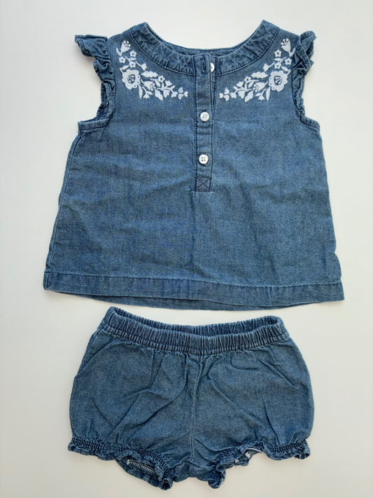 Carter's 2 Piece Ensemble - Blue Chambray Blouse + Shorts | size 3 Months