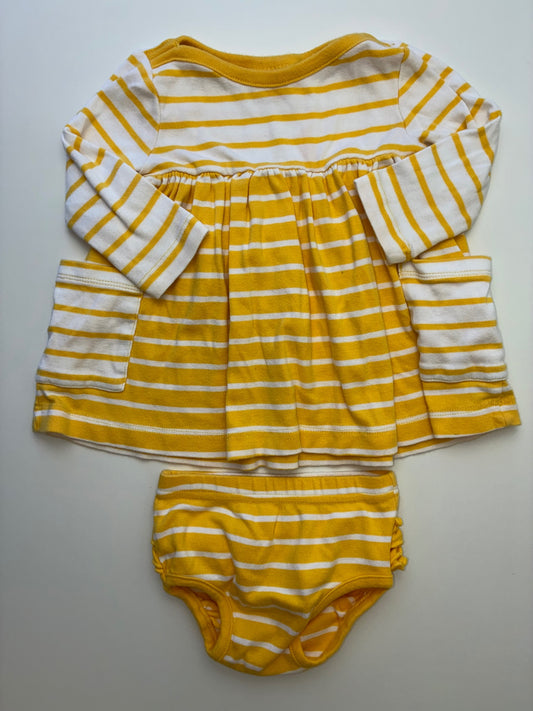 Hanna Andersson 2 Piece Ensemble - Yellow Striped Dress + Bloomers | size 6 - 12 Months