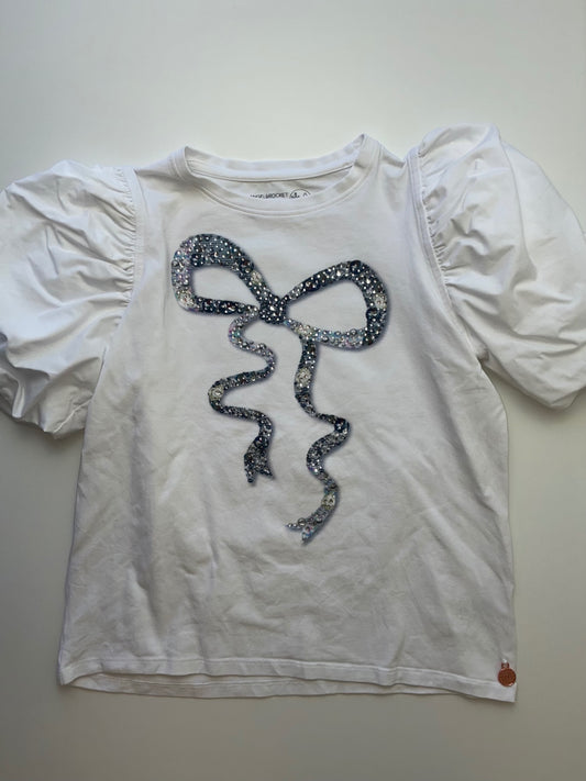 Angel & Rocket Shirt - White Rhinestone Bow + Puff Sleeve | size 13/14