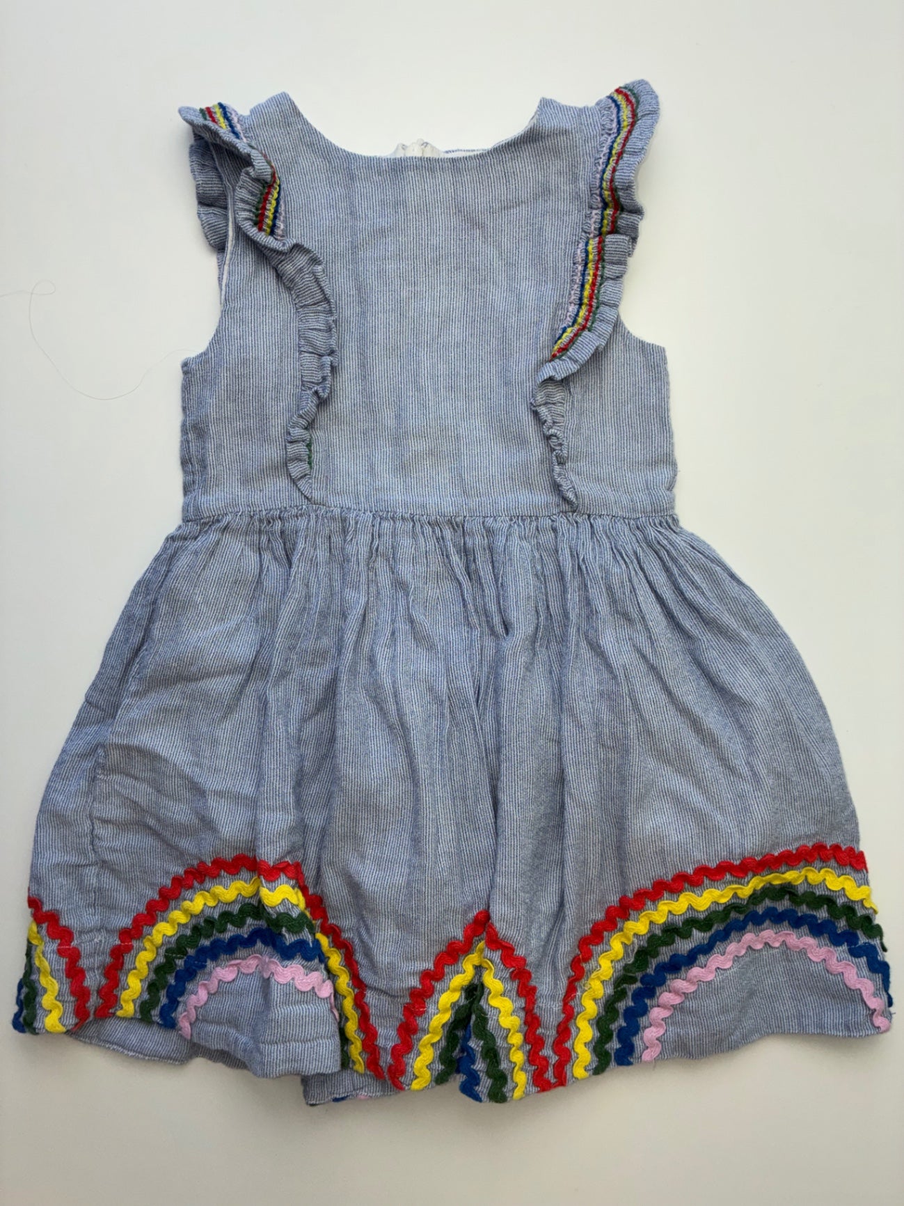 Mini Boden Dress - Blue Pinstripe Rainbow Embroidery | size 3T/4T