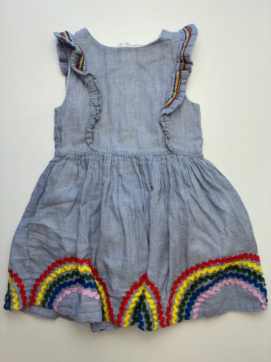 Mini Boden Dress - Blue Pinstripe Rainbow Embroidery | size 3T/4T