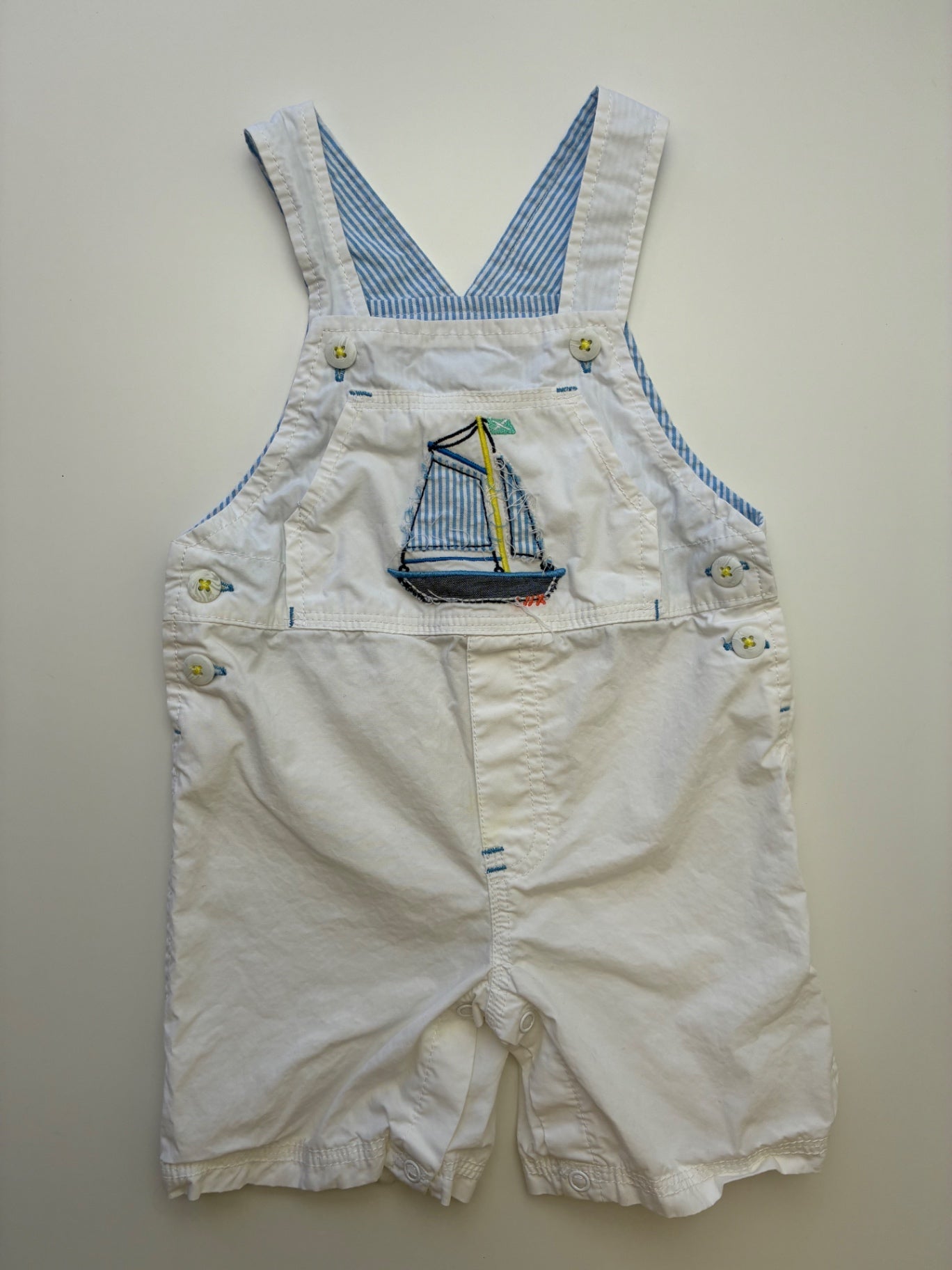 First Impressions Onesie - White Sailboat Overalls | size 12 Months