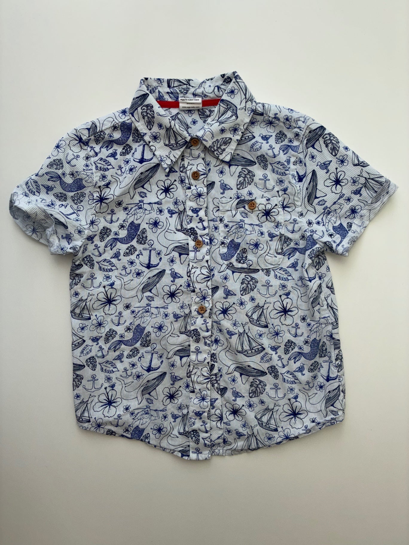 EGG New York Shirt - Blue Striped + Tropical Print Short Sleeve Button Up | size 3T