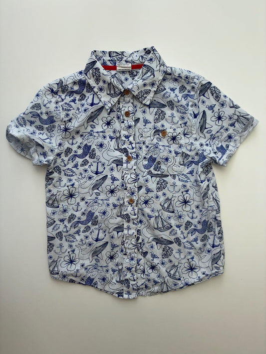 EGG New York Shirt - Blue Striped + Tropical Print Short Sleeve Button Up | size 3T