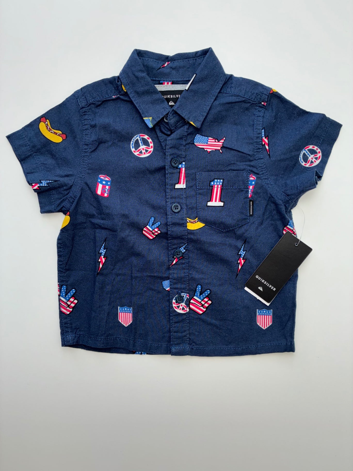Quicksilver Shirt - Navy Blue Patriotic Short Sleeve Button Up | size 2T