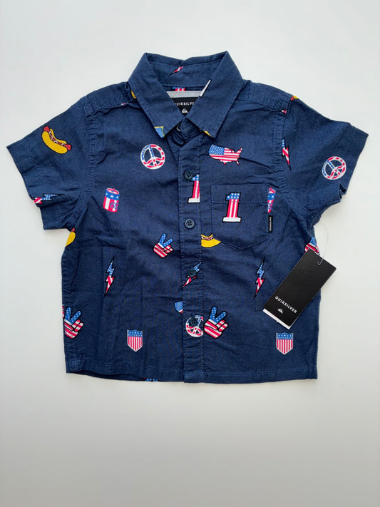 Quicksilver Shirt - Navy Blue Patriotic Short Sleeve Button Up | size 2T