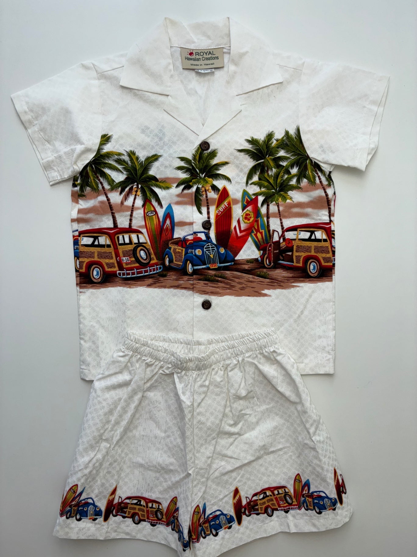 Royal Hawaiian Creations 2 Piece Ensemble - White 100% Cotton Button Down + Shorts | size 4T