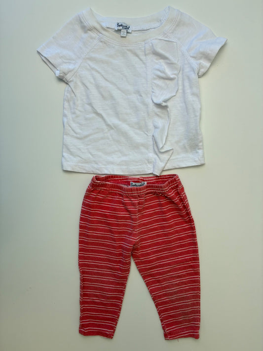 Splendid 2 Piece Ensemble - White Short Sleeve Top + Striped Leggings | size 6 - 12 Months