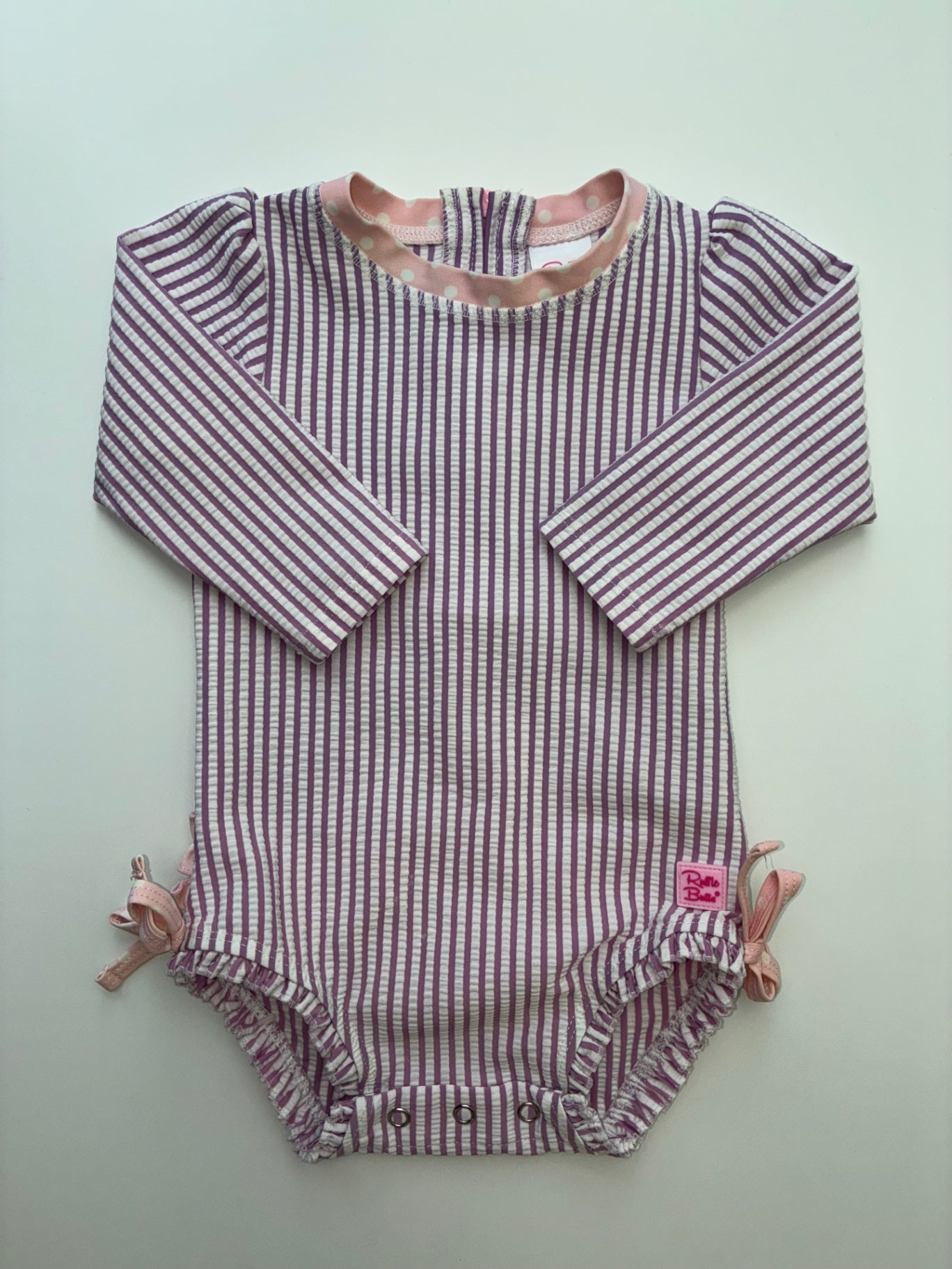 Ruffle Butts Swimsuit - Purple Striped Rashguard One Piece | size 6 - 12 Months