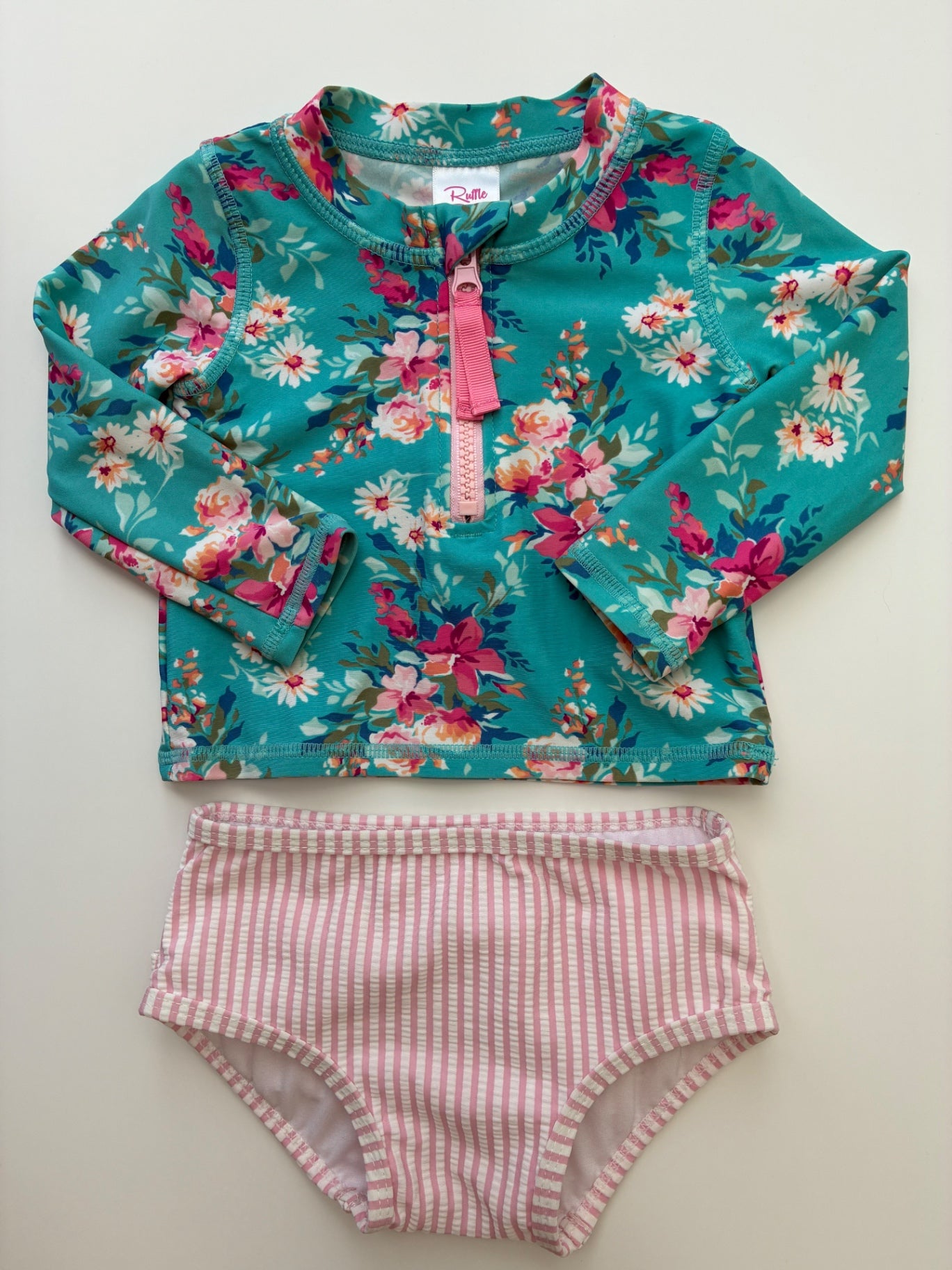 Ruffle Butts Swimsuit - Multicolor Floral Rashguard + Striped Bottoms | size 12 - 18 Months