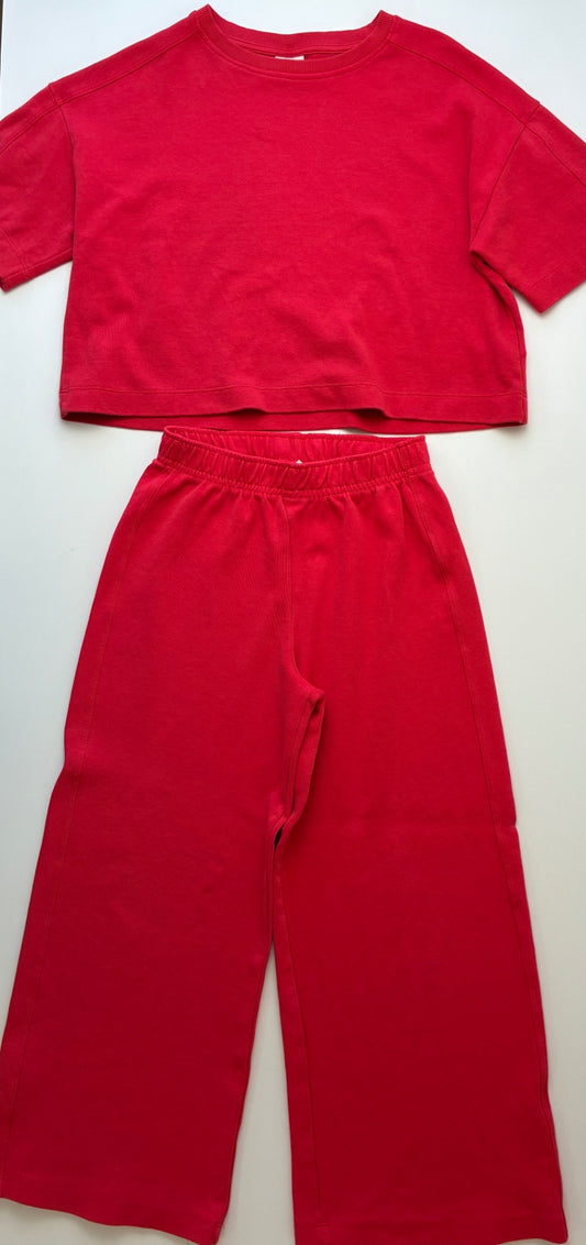 Zara 2 Piece Ensemble - Red Cropped T-Shirt + Wide Leg Pants | size 9/10