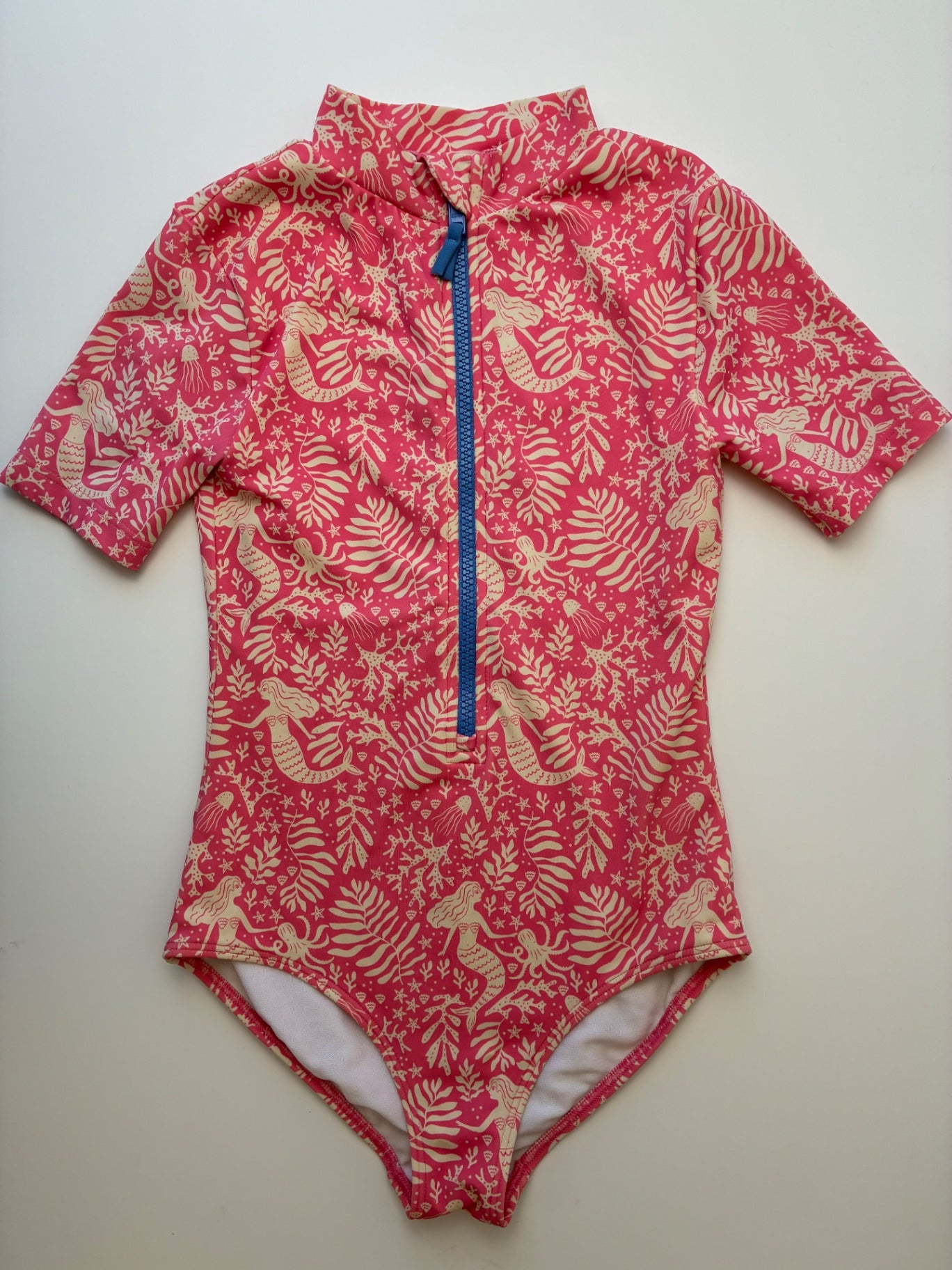 Mini Boden Swimsuit - Pink Mermaid Short Sleeve Rash Guard One Piece | size 9/10