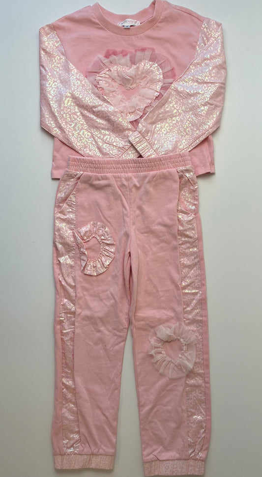 Baby Sara 2 Piece Ensemble - Pink Tulle Heart Crewneck + Joggers | size 6