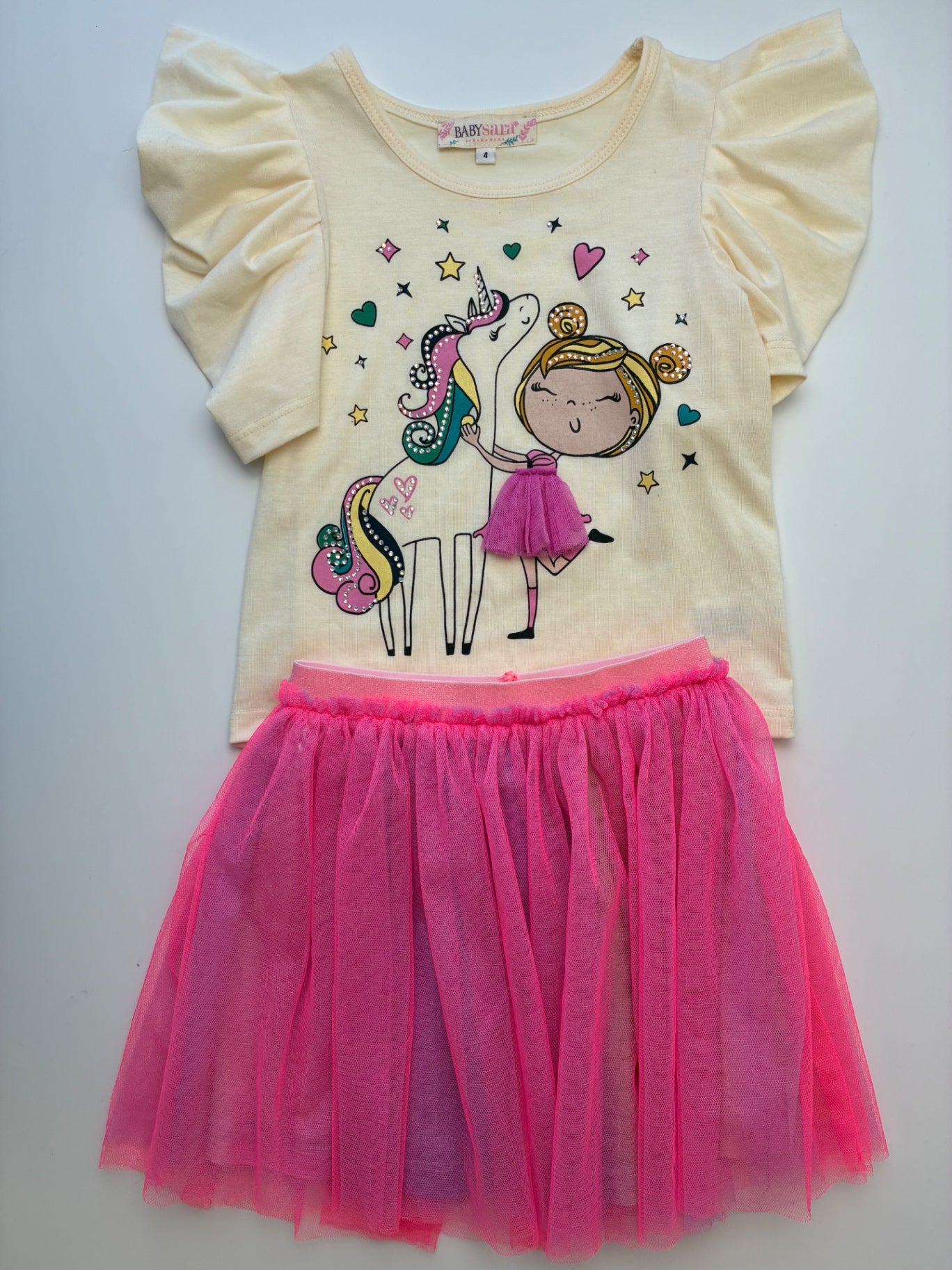 Baby Sara 2 Piece Ensemble - Multicolor Unicorn T-Shirt + Tulle Skirt | size 4T