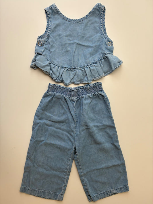 Zara 2 Piece Ensemble - Blue Chambray Top + Pants | size 12 - 18 Months