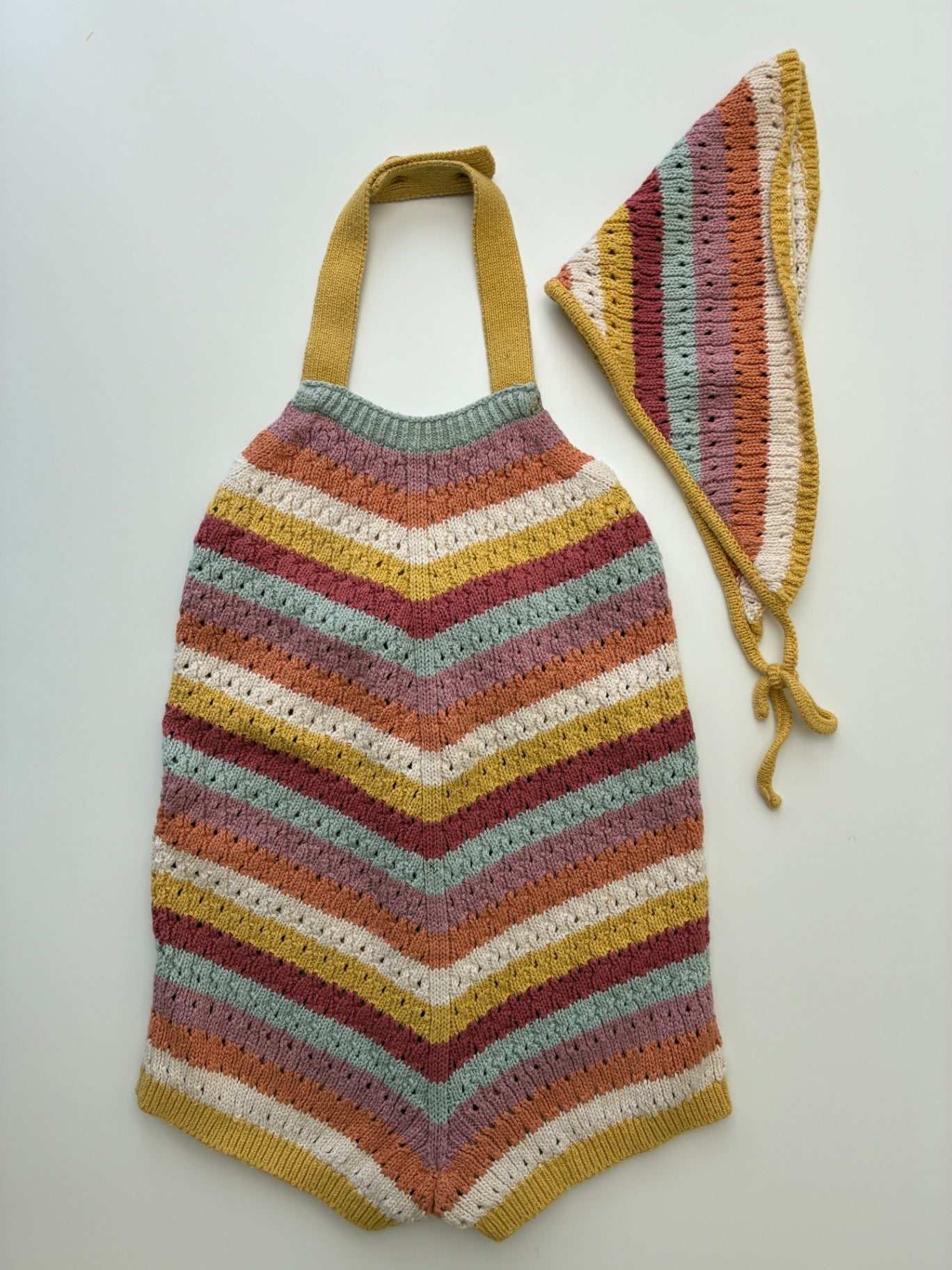 Zara Onesie - Multicolor Striped Knit Romper + Bonnet | size 9 - 12 Months