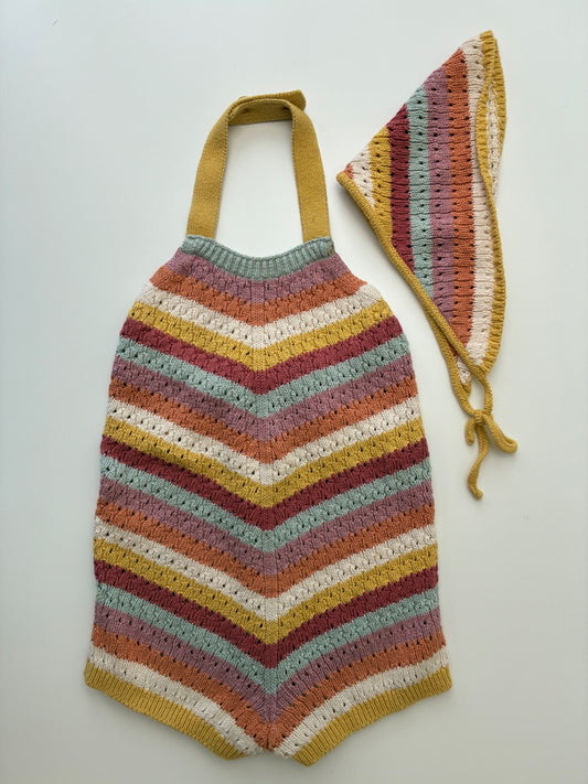 Zara Onesie - Multicolor Striped Knit Romper + Bonnet | size 9 - 12 Months