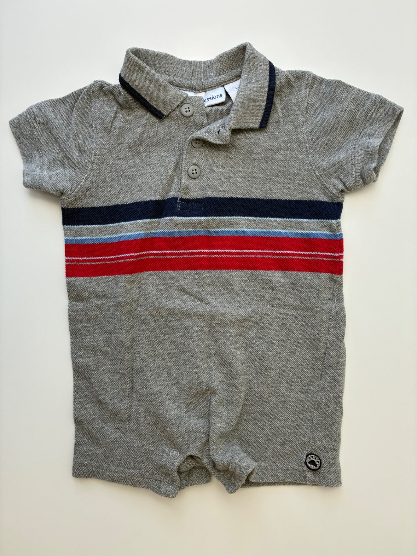 First Impressions Onesie - Gray Striped Polo | size 3 - 6 Months