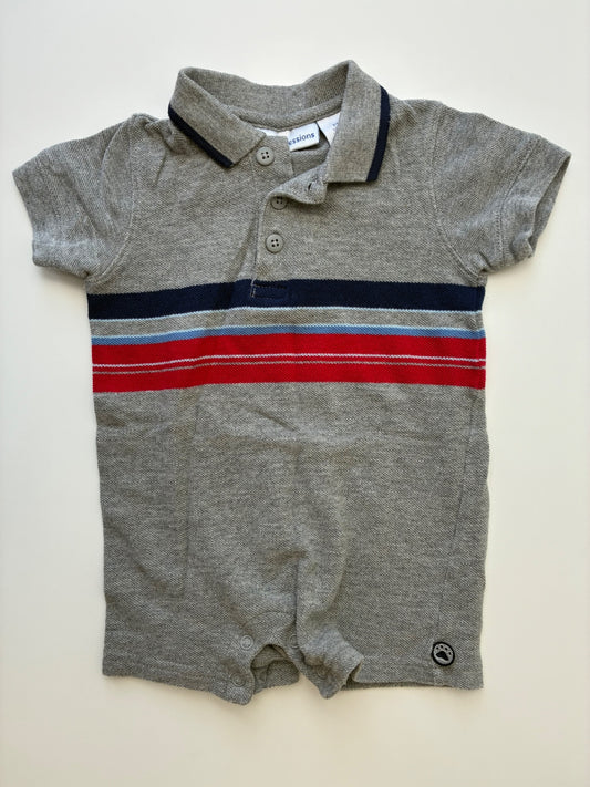 First Impressions Onesie - Gray Striped Polo | size 3 - 6 Months