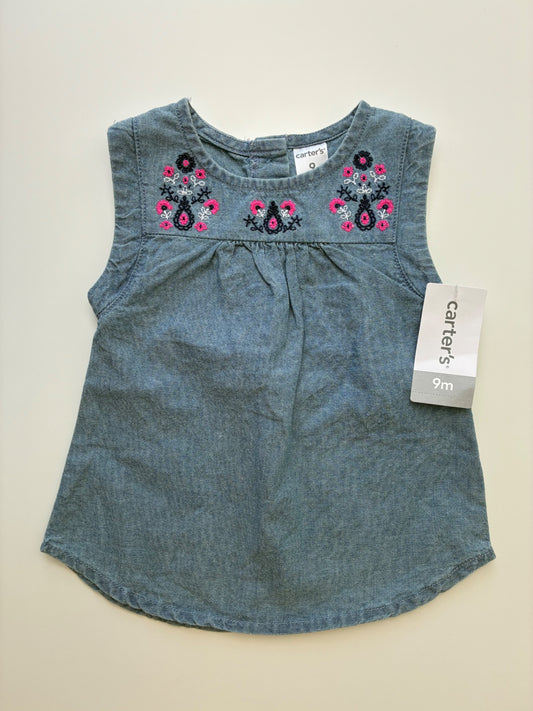 Carter's Shirt - Blue Chambray Flower Embroidery | size 9 Months