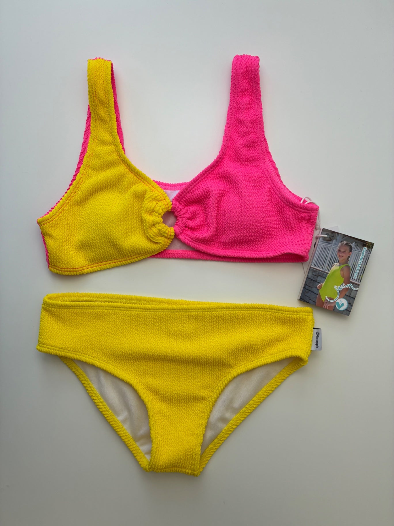 Limeapple Swimsuit - Pink/Yellow Crinkle Bikini | size 14