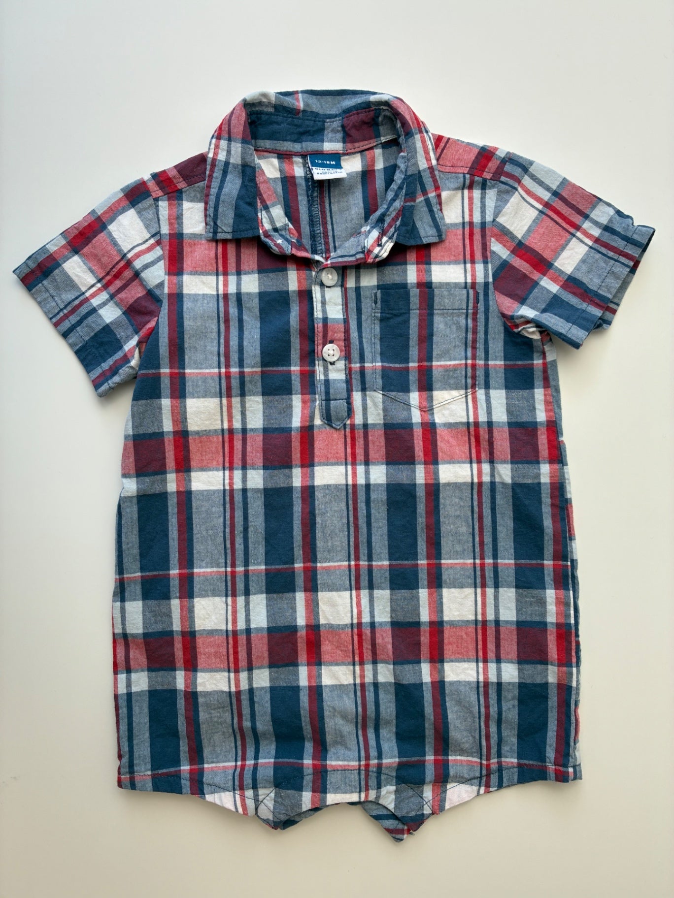 Old Navy Onesie - Blue Plaid Button Up Ropmer | size 12 - 18 Months