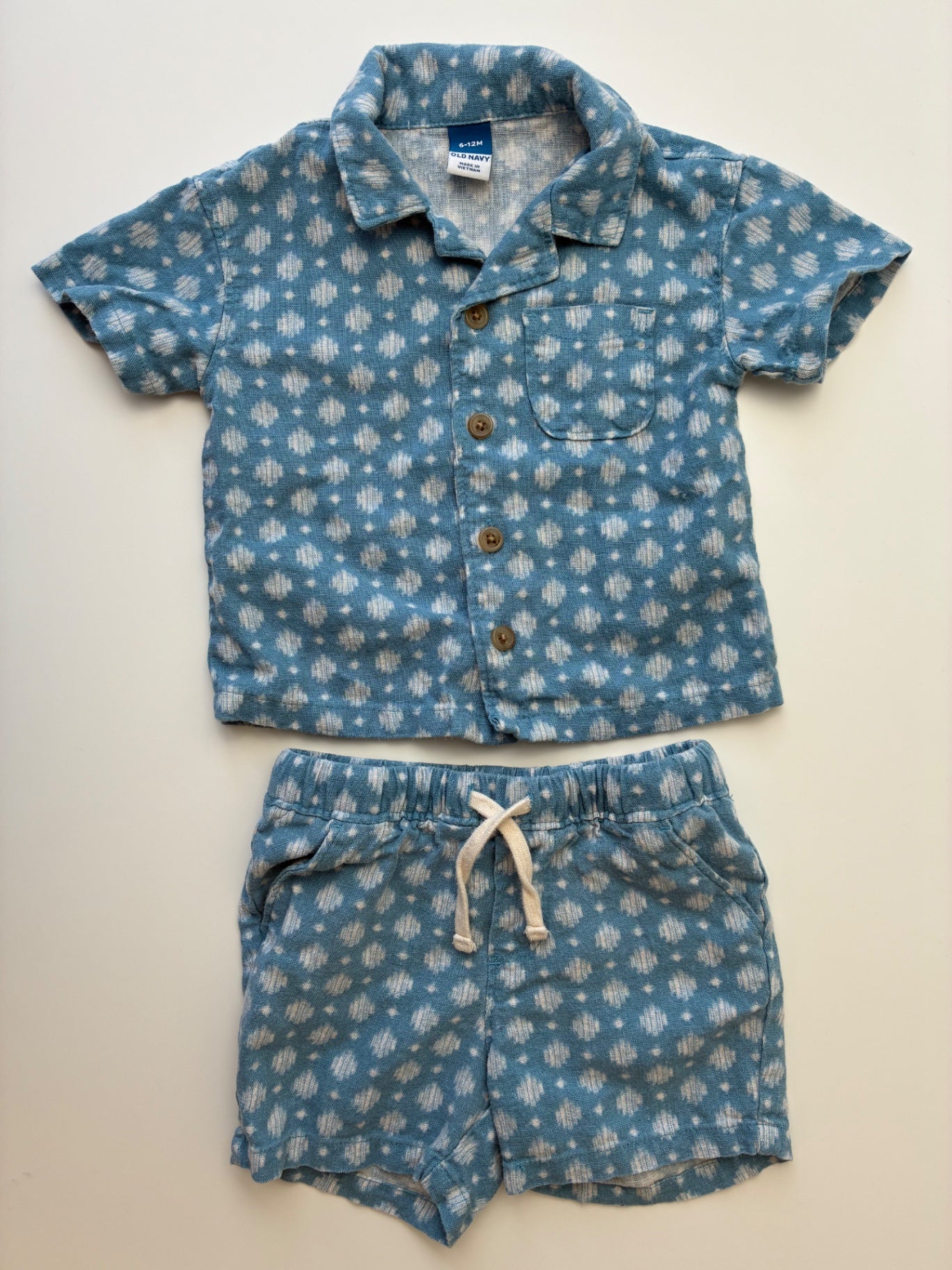 Old Navy 2 Piece Ensemble - Blue Button Up + Shorts | size 6 - 12 Months