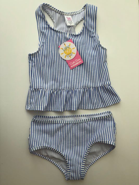 Ruffle Butts Swimsuit - Blue Seersucker Tankini | size 8