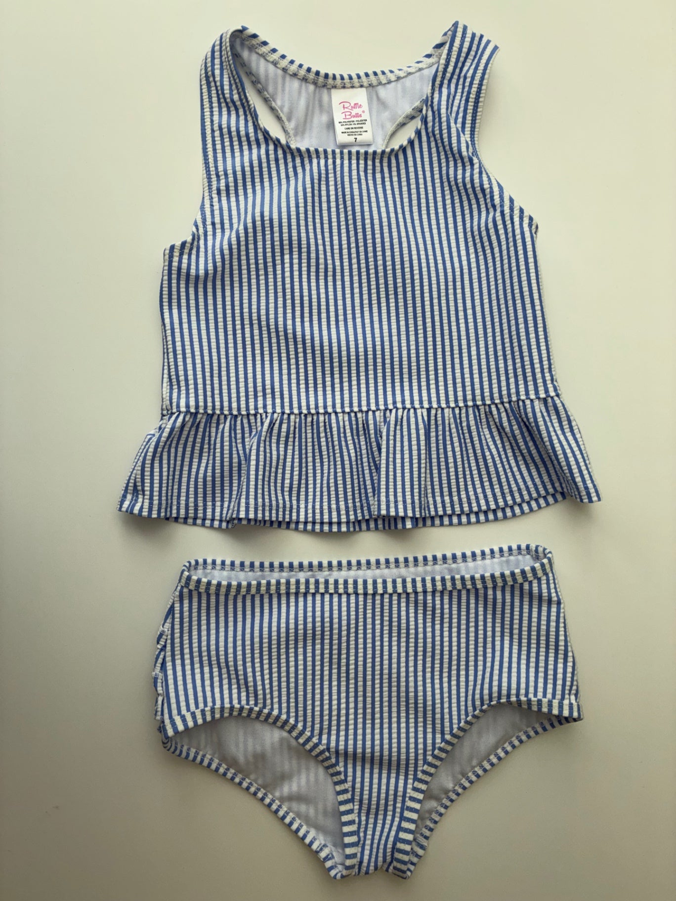 Ruffle Butts Swimsuit - Blue Seersucker Tankini | size 7