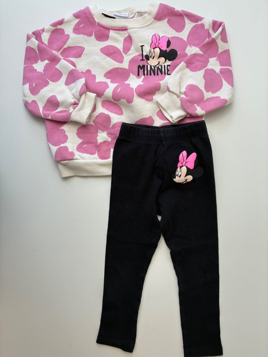 Zara 2 Piece Ensemble - Pink Minnie Mouse Crewneck + Ribbed Leggings | size 4T