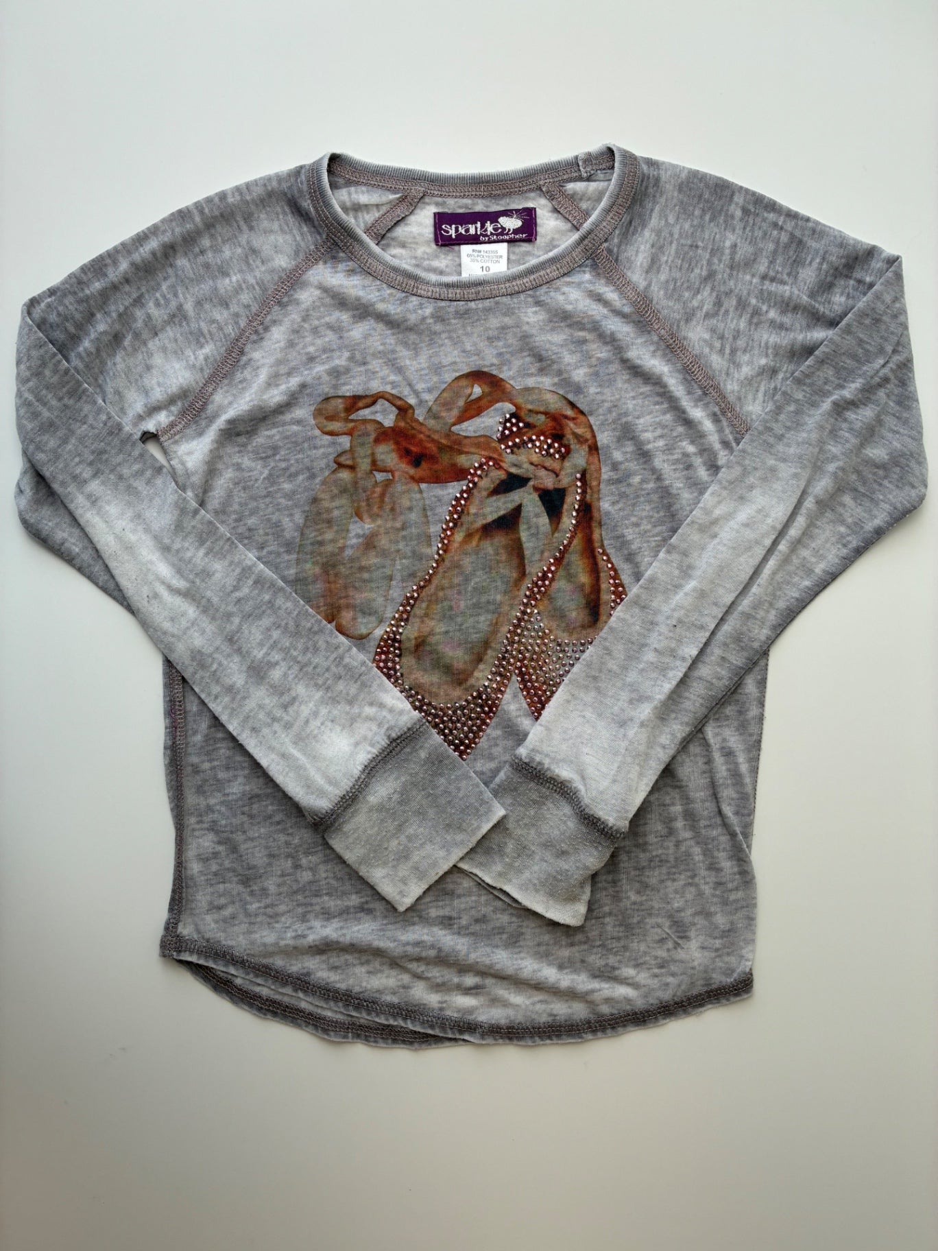 Sparkle by Stoopher Long Sleeve T-Shirt - Gray Bedazzled Ballet Slipper | size 10