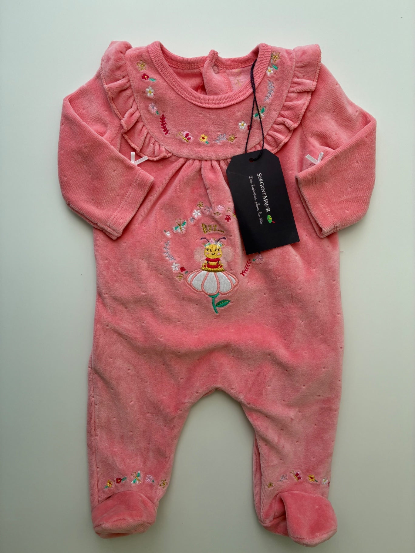 Sergent Major Onesie - Pink Embroidered Bee Fleece | size 1 Month