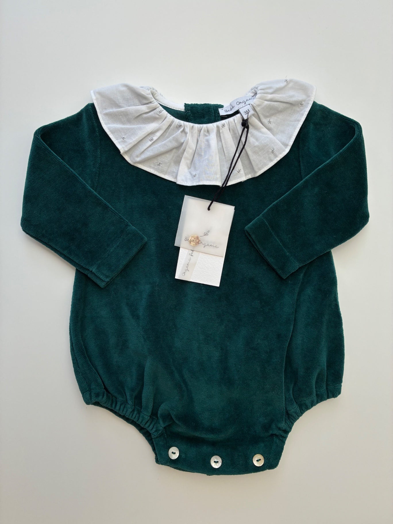 Bebe Organic Onesie - Green Velour w/ Collar | size 3 Months