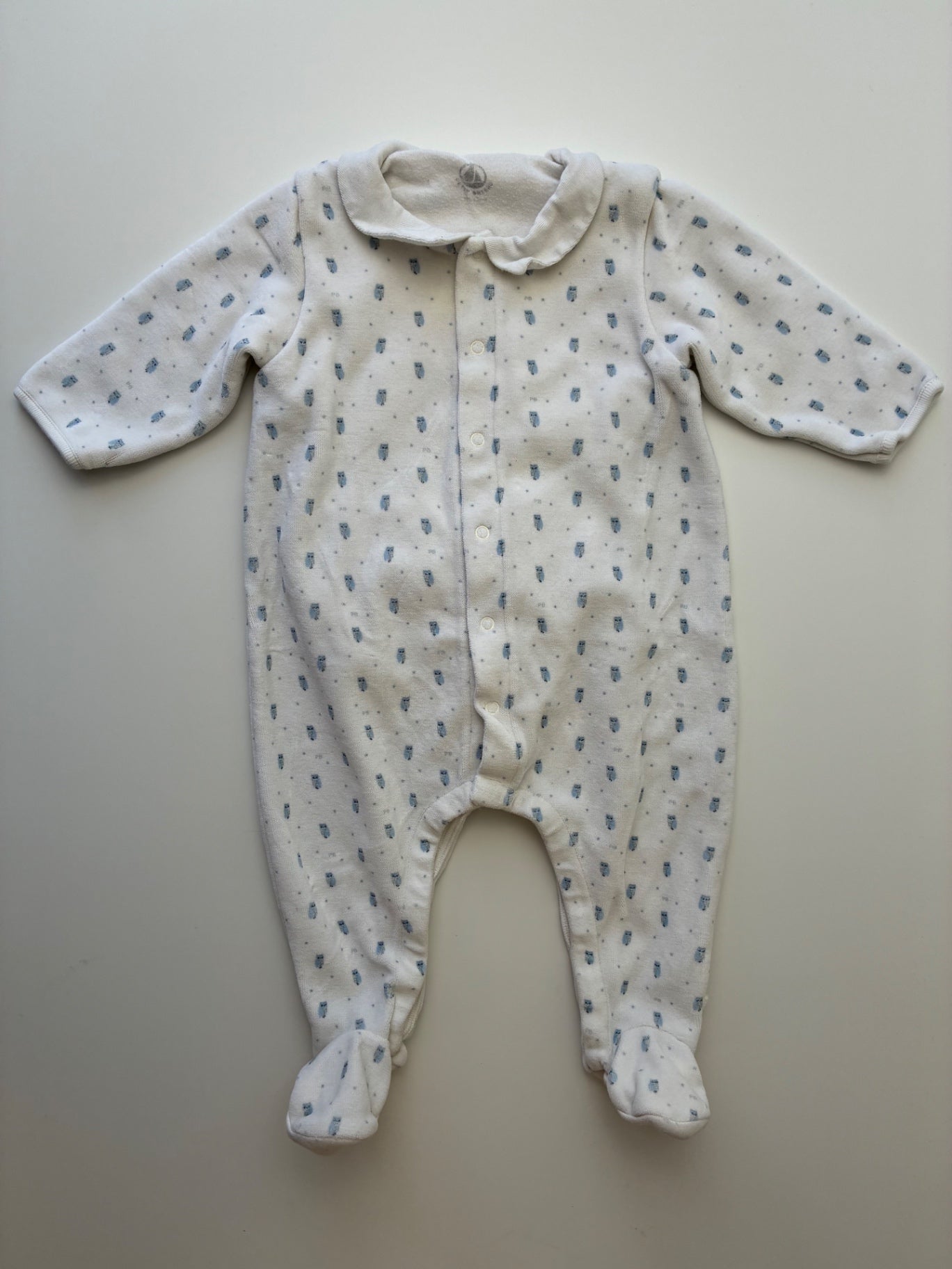 Petit Bateau Onesie - White Velour Owls | size 6 Months
