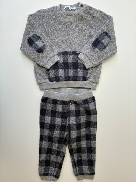 Gymp 2 Piece Ensemble - Gray Sherpa Crewneck + Plaid Joggers | size 6 - 9 Months