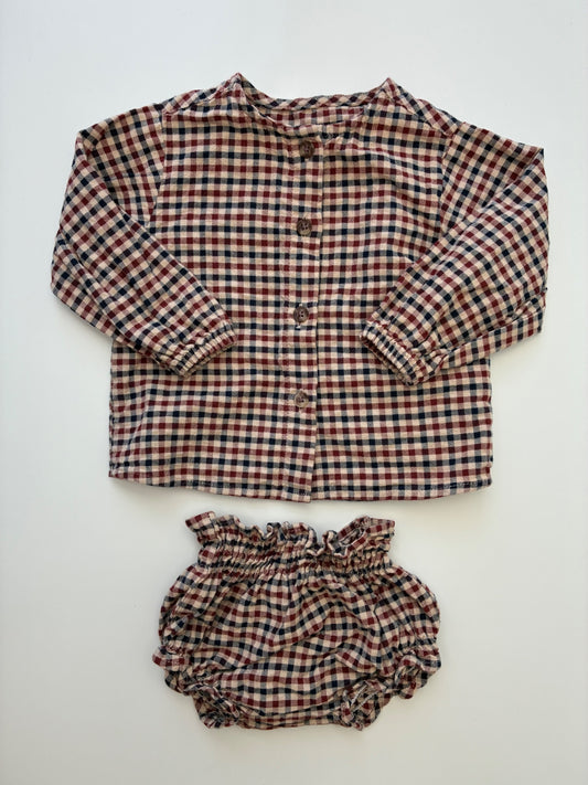 Zara 2 Piece Ensemble - Multicolor Plaid Shirt + Bloomers | size 3 - 6 Months