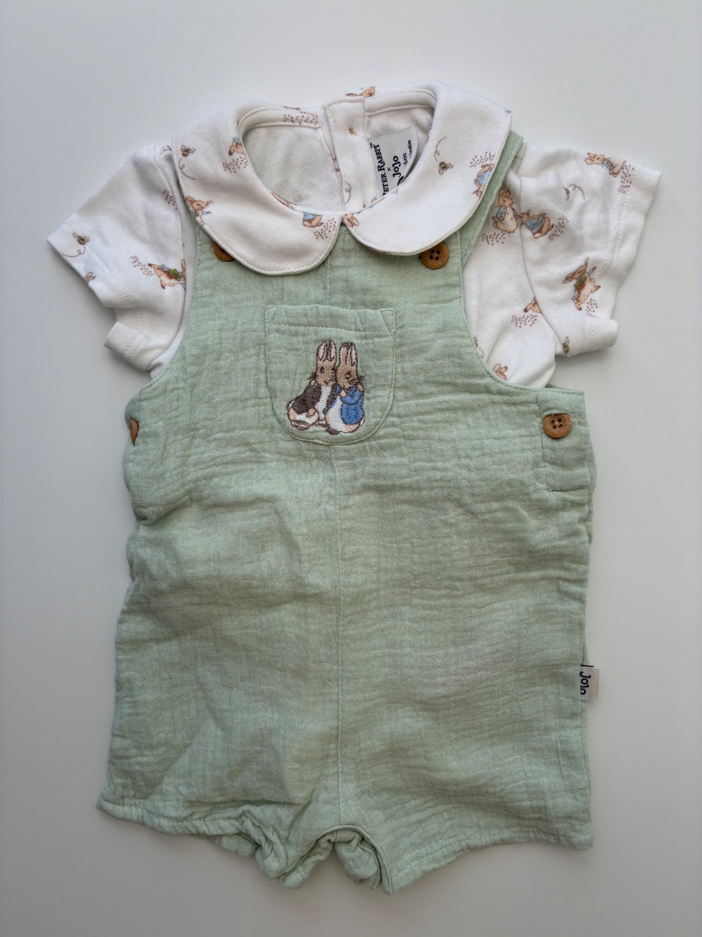 Peter Rabbit X Jojo 2 Piece Ensemble - Green Short Sleeve Onesie + Overalls | size 3 - 6 Months