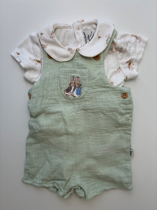 Peter Rabbit X Jojo 2 Piece Ensemble - Green Short Sleeve Onesie + Overalls | size 3 - 6 Months